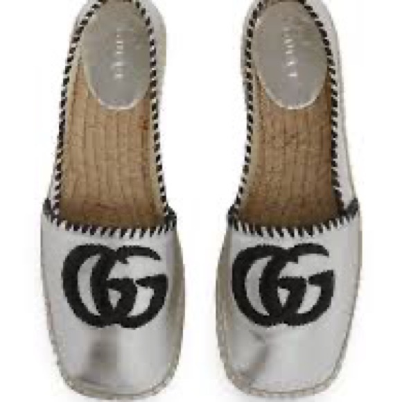 Gucci Authentic Double G Logo Patent Leather Espadrilles Silver Sz 40 - Picture 5 of 8